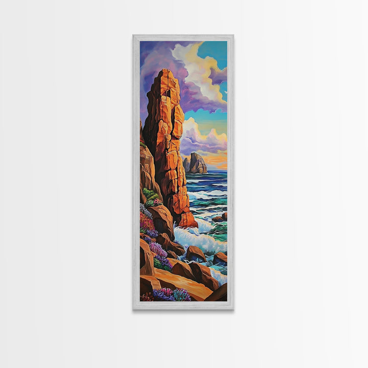 Coastal Cliffs, Ocean, Sunset, Framed Canvas Print, Bold coastal cliffs wall art, dramatic seascape beach decor, contemporary ocean painting