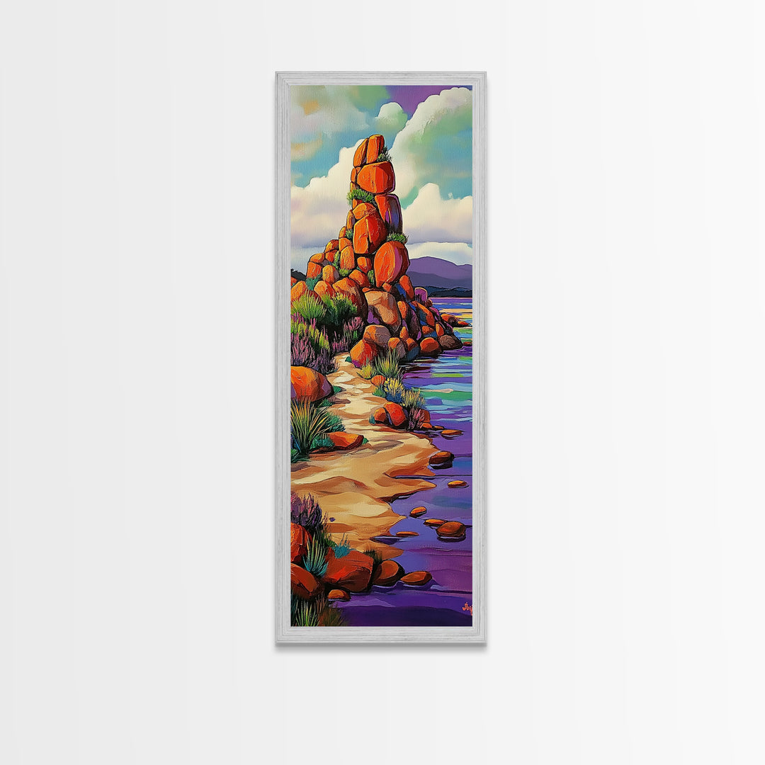 Desert Trail, Rocks, Nature, Framed Canvas Print, Desert path painting, wild rocky trail artwork, hallway decor, southwestern rustic style