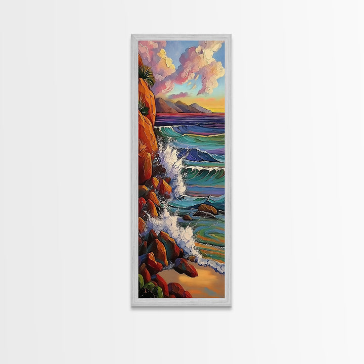 Ocean Cliffs, Sunset, Trees, Framed Canvas Print, Ocean cliffs wall art, glowing sunset scene, romantic coastal decor, entryway accent