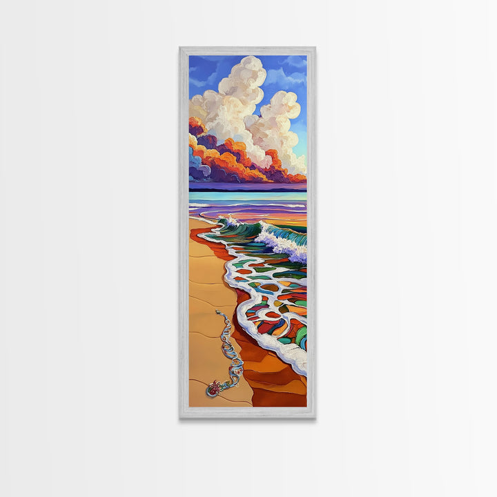 Beach Wave, Necklace, Shore — Canvas Print of whimsical wave reaching jewelry on sand, perfect Boho Bathroom Wall Art or Beach Lover's Gift Decor