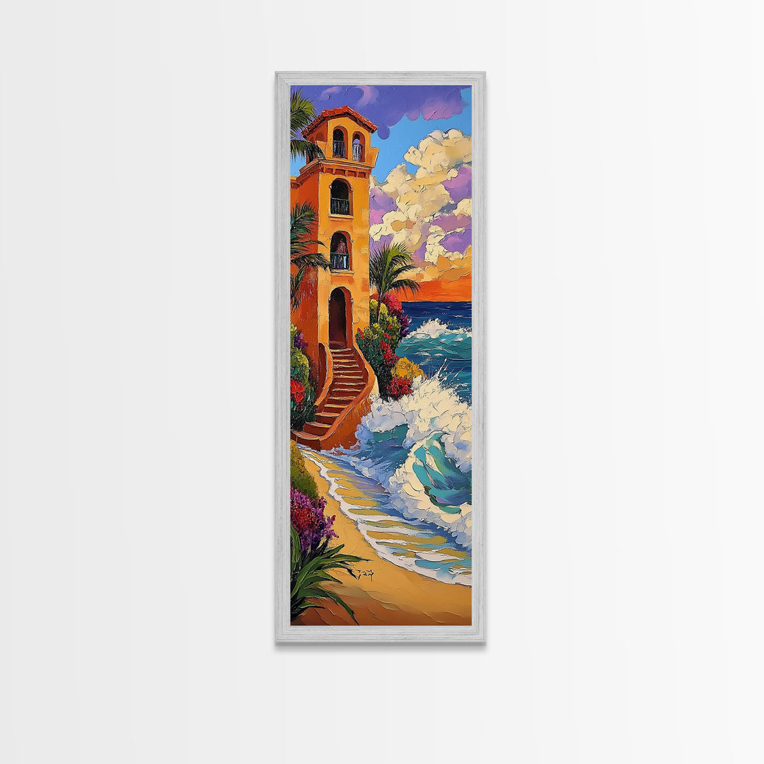 Coastal Villa, Sunset, Ocean Waves Framed Canvas Print, Mediterranean Style Wall Art, Colorful Beach Home Decor, Seaside Painting