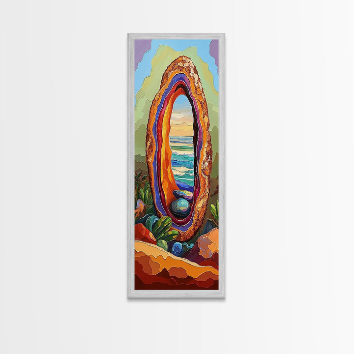 Ocean Portal, Geode Shell, Dreamy, Surreal Beach Art, Framed Canvas Print, Boho Bedroom Decor, Psychedelic Coastal Wall Art