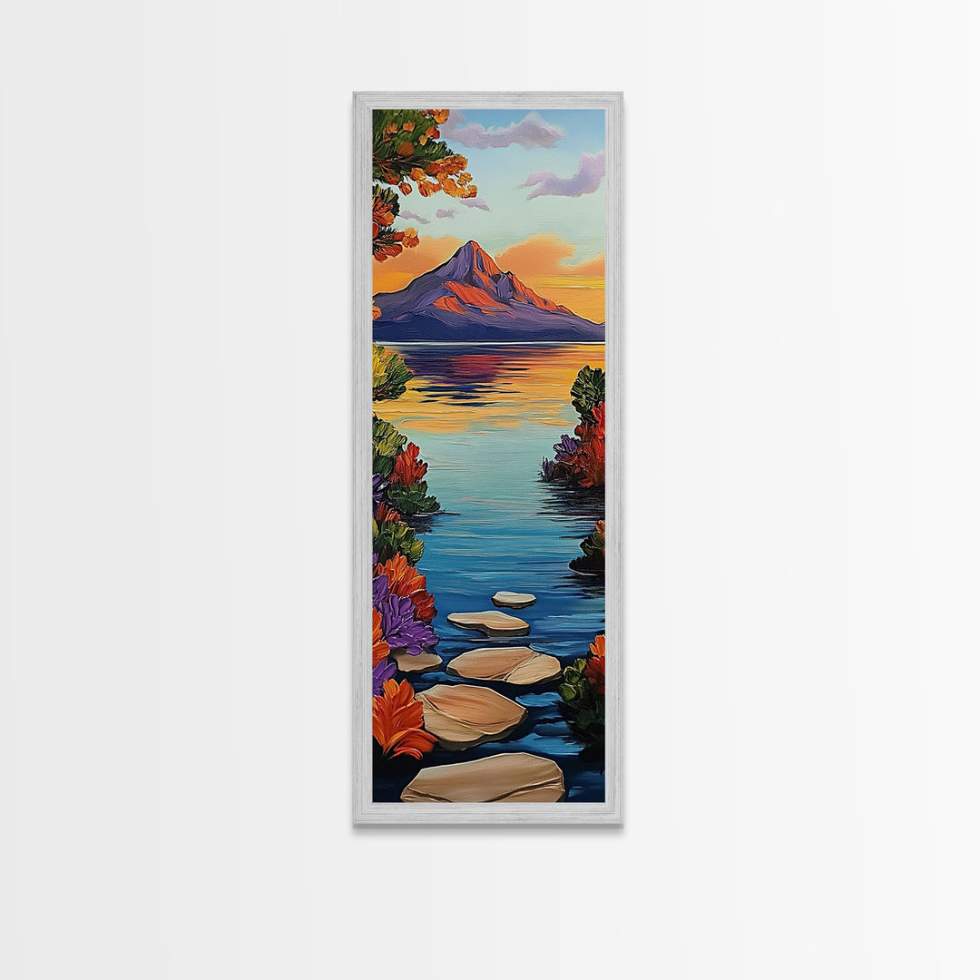 Pathway Lake, Mountains, Framed Canvas Print, Tranquil mountain lake trail painting with floral path, cabin wall art, rustic living room decor