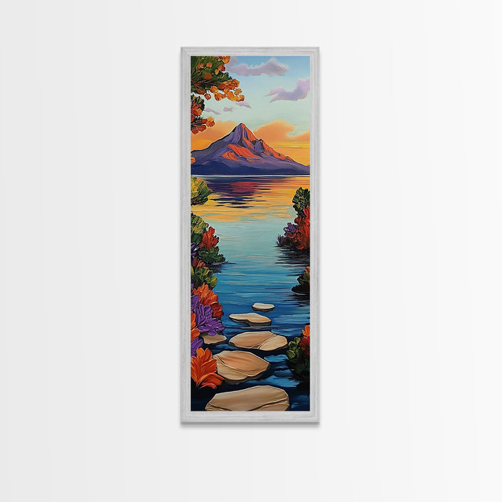 Pathway Lake, Mountains, Framed Canvas Print, Tranquil mountain lake trail painting with floral path, cabin wall art, rustic living room decor