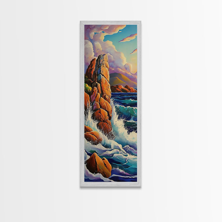 Ocean Rocks, Cliffs, Framed Canvas Print, Dramatic rocky shoreline painting with crashing waves, coastal landscape art, living room decor