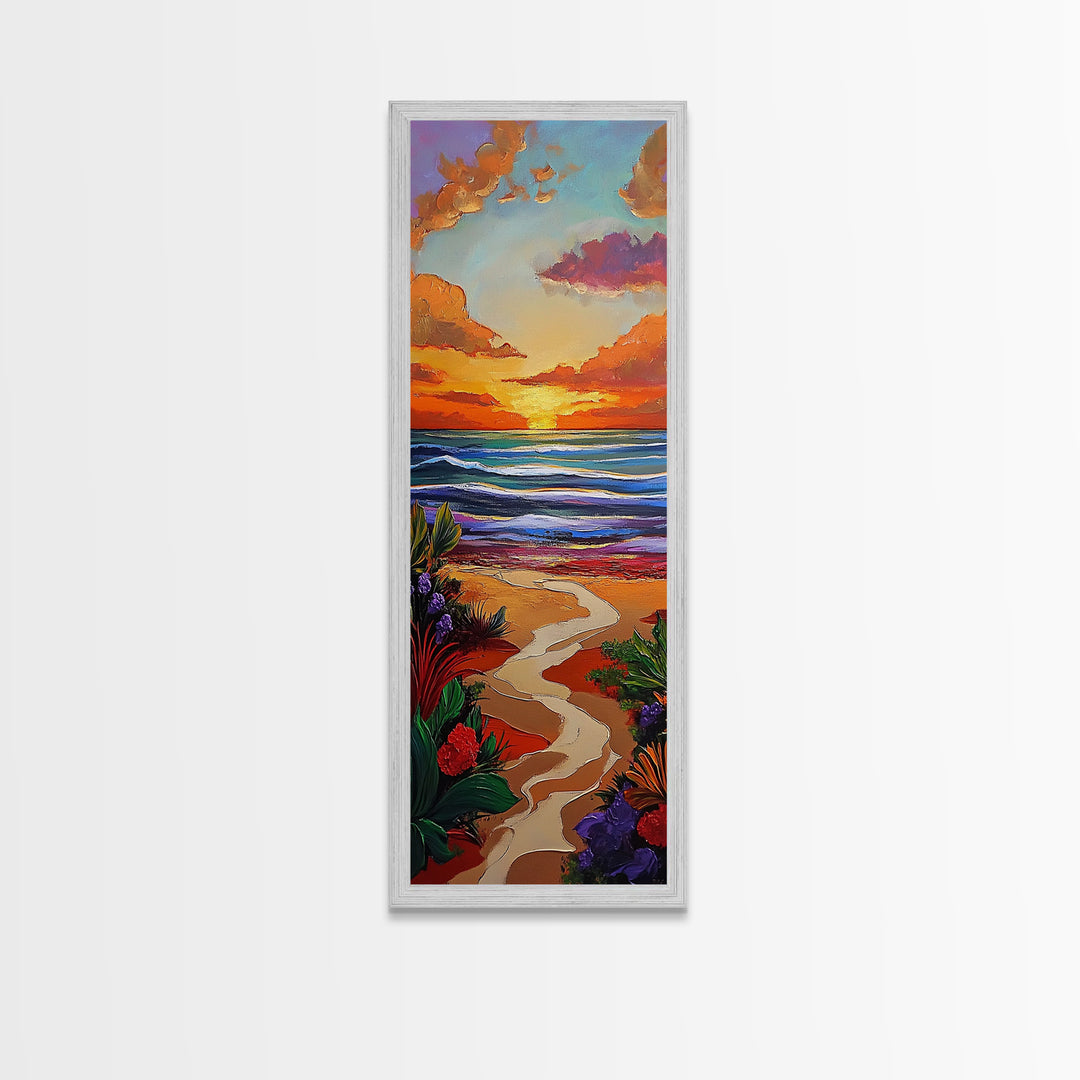 Path Beach, Sunset, Tropical Canvas Print scenic path to ocean wall decor, vibrant beach sunset artwork, tropical boho art, entryway art