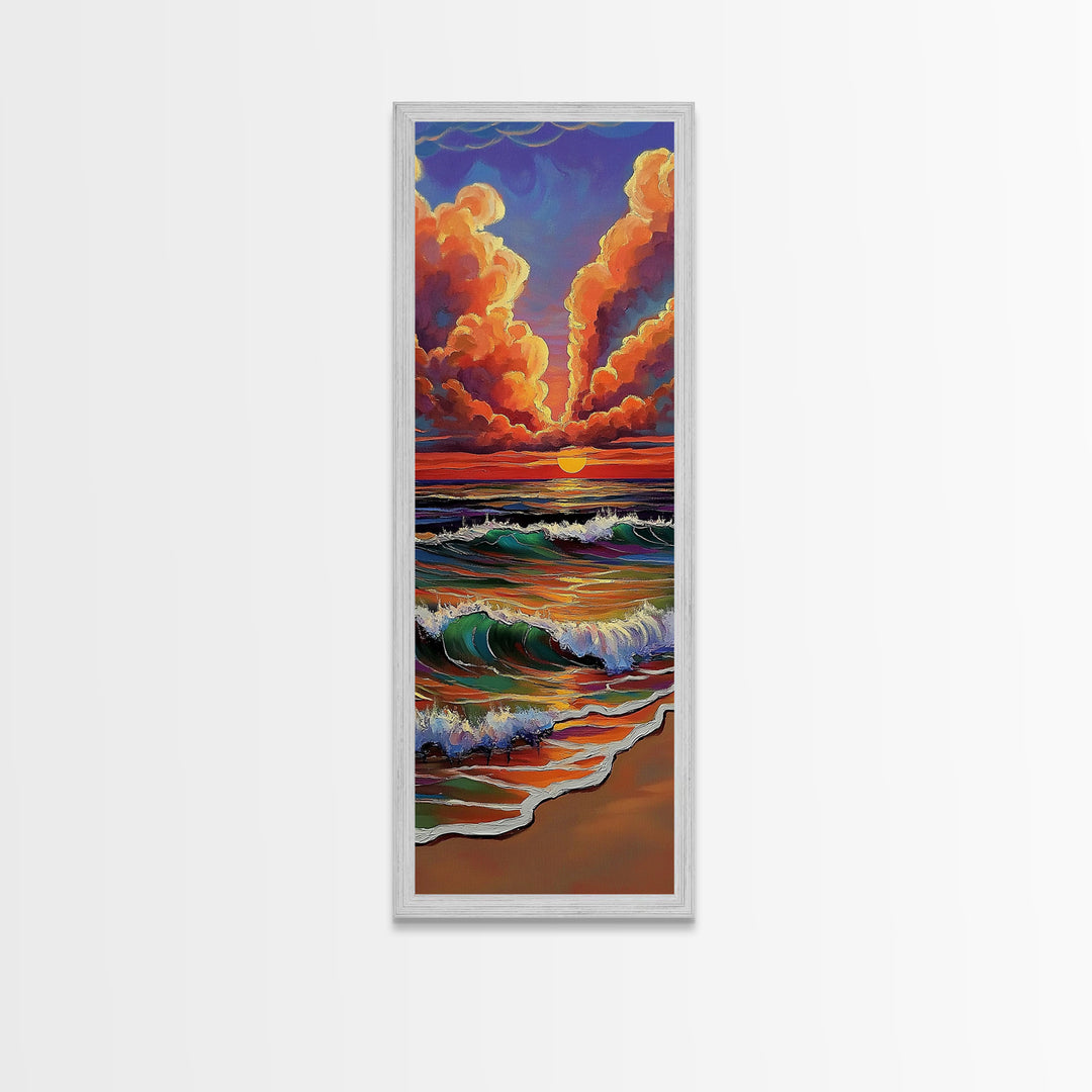 Ocean Sunset, Glow, Waves Framed Canvas Print glowing beach sunset wall art, vivid wave painting, warm coastal decor, boho beach house art