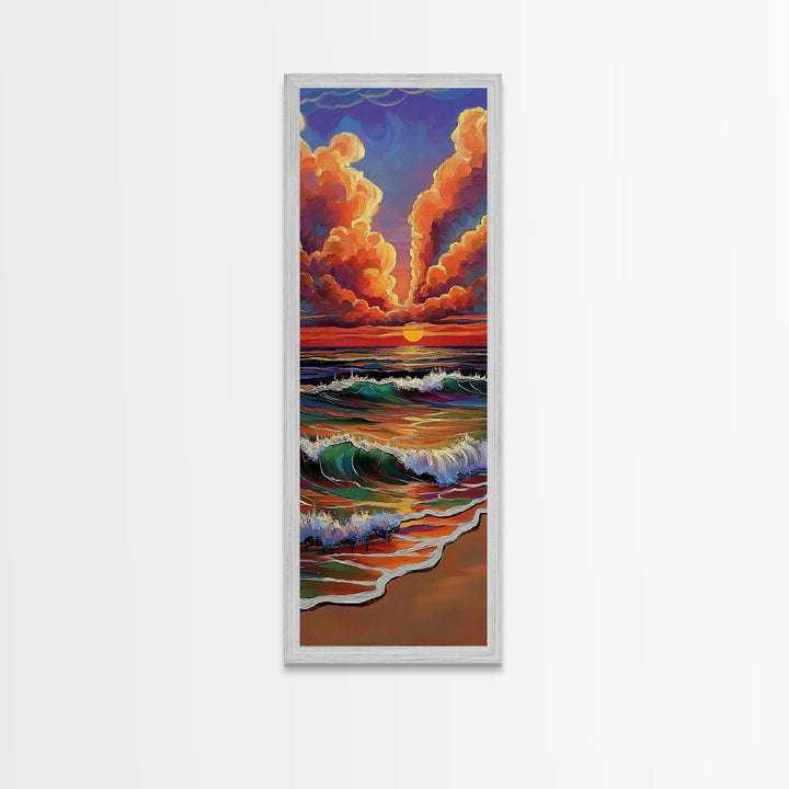 Ocean Sunset, Glow, Waves Framed Canvas Print glowing beach sunset wall art, vivid wave painting, warm coastal decor, boho beach house art