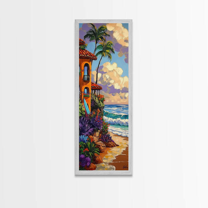 Coastal Villa, Surf, Tropics Canvas Print Mediterranean villa by the sea art, surfboard and tropical plants, boho beach decor, hallway print