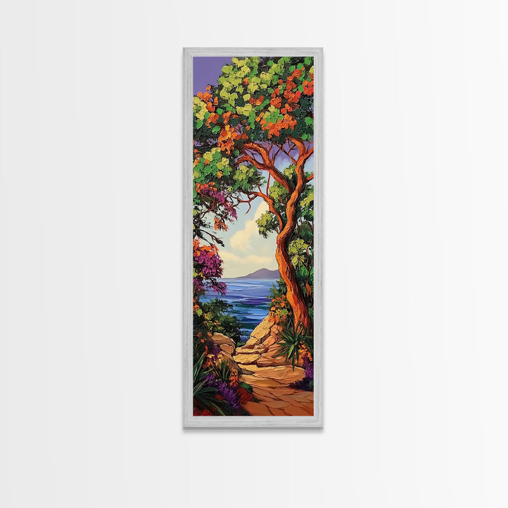 Coastal Trail,Trees,Escape — Framed Canvas Print, tropical coastal decor, beachside nature wall art, entryway or hallway boho painting