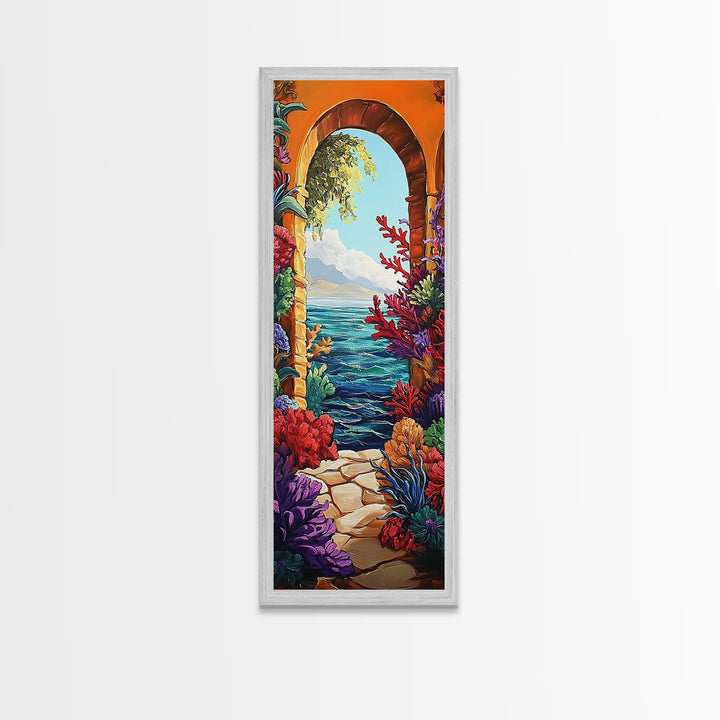 Ocean View, Archway Art, Tropical Seascape, Framed Canvas Print, Coastal Home Decor, Mediterranean Entryway Art, Bright Nautical Art