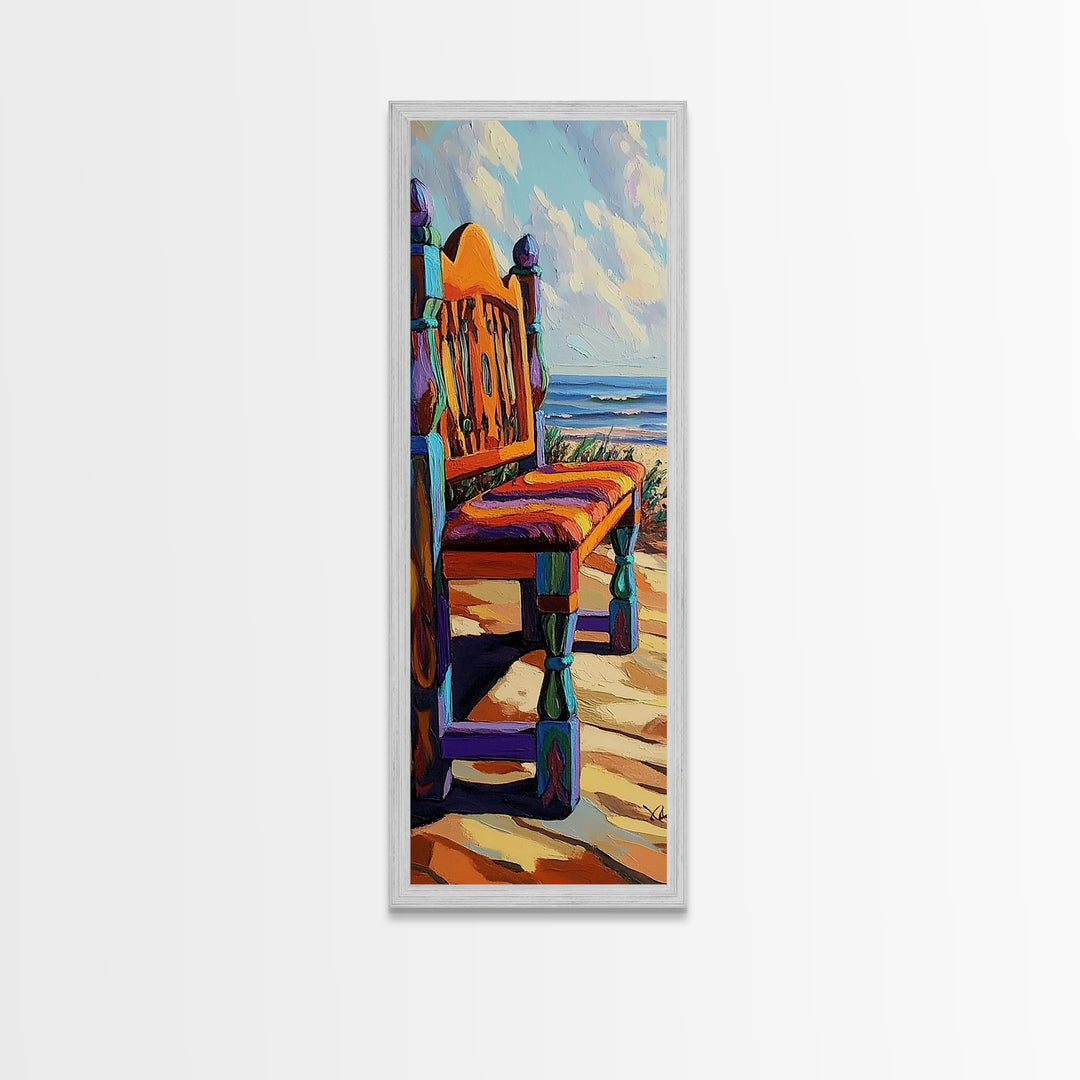 Ocean Chair, Beach View, Coastal Outdoor Scene, Framed Canvas Print, Seaside Patio Art, Tropical Boho Decor, Relaxing Vacation Vibes