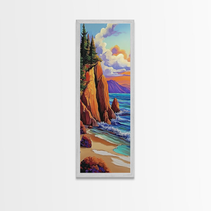 Rocky Coast, Ocean Cliffs, Sunset Mountain Seascape, Framed Canvas Print, Nature Landscape Wall Art, Fall Living Room Wilderness Decor