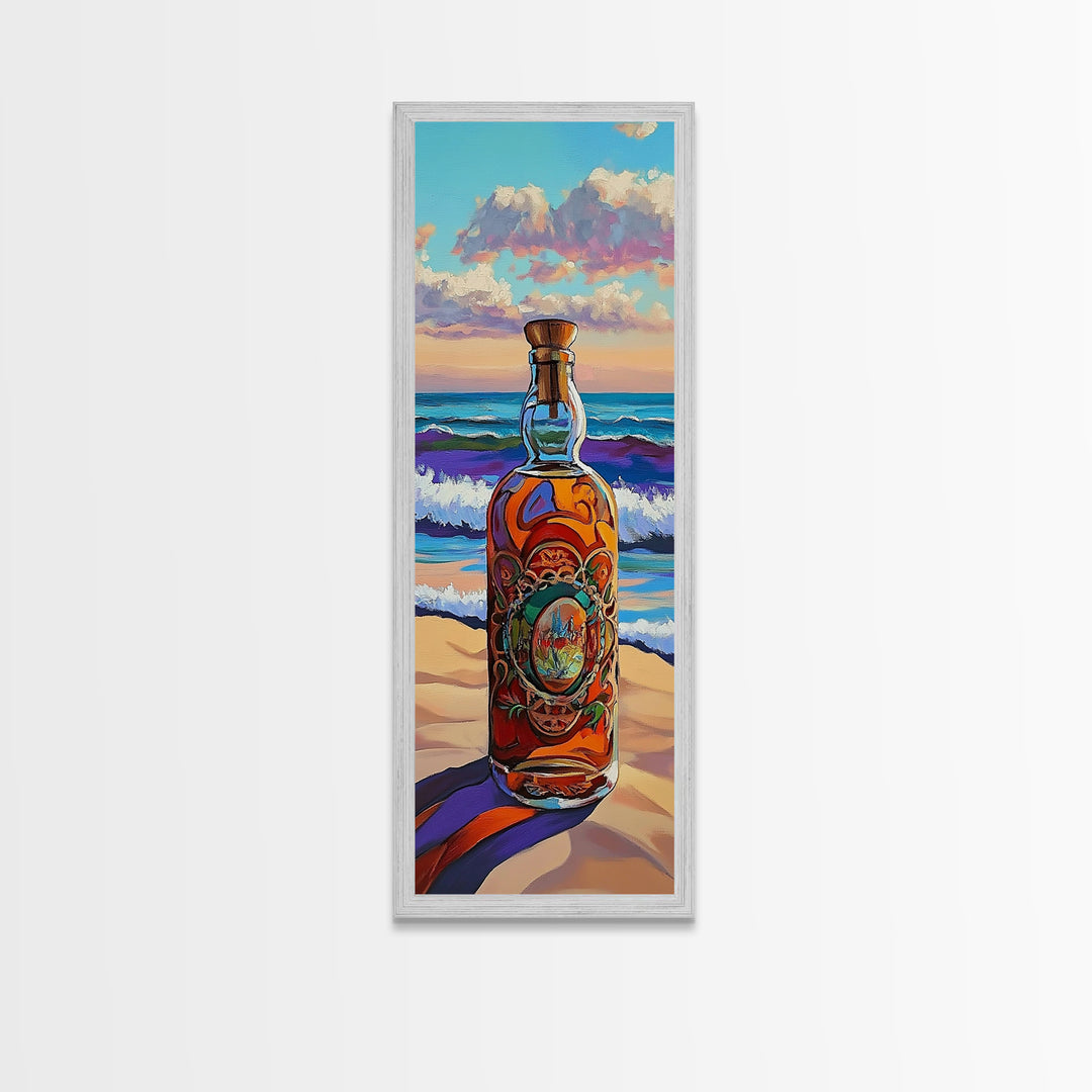 Ocean Bottle, Seaside, Reflections, Framed Canvas Print, Coastal Kitchen Decor, Nautical Wall Art, Beach House Art, Surreal Coastal Painting