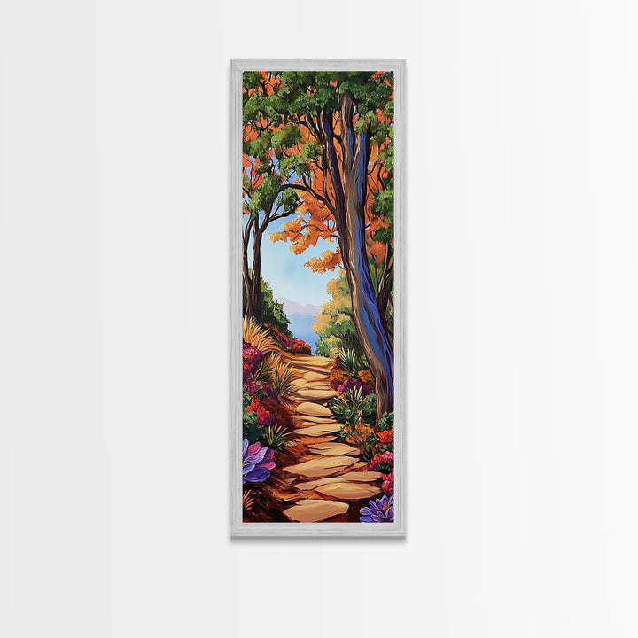 Autumn Pathway, Forest, Nature — Framed Canvas Print of scenic forest path with fall trees, cozy rustic living room wall decor, woodland art