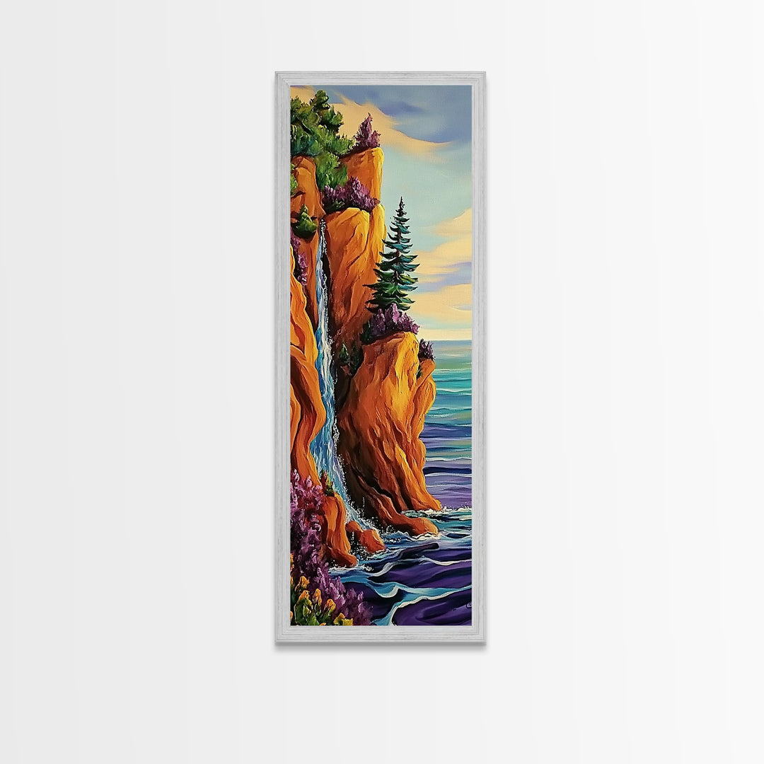 Coastal Cliffside, Waterfall, Pines - Framed Canvas Print, vibrant coastal landscape art, boho nature painting, hallway or office wall art
