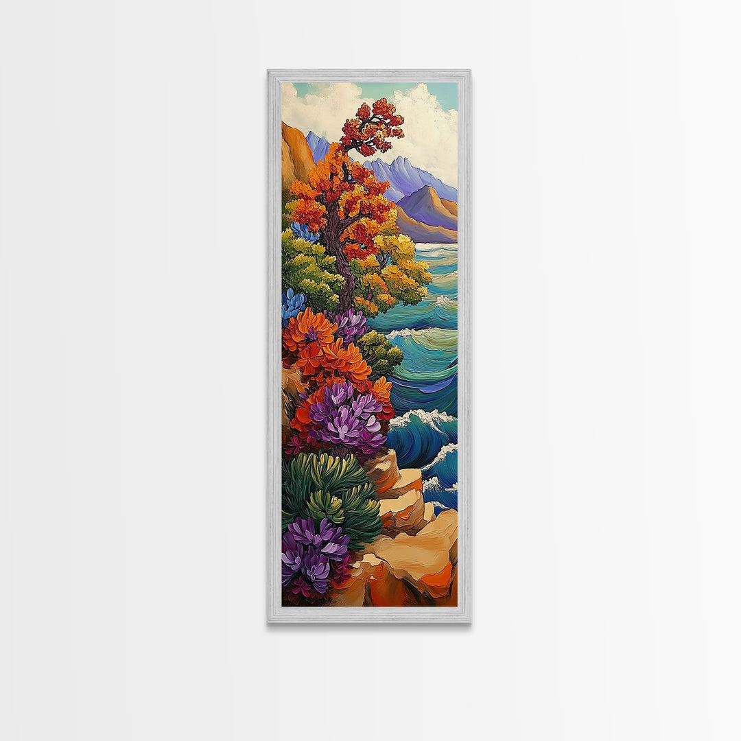 Autumn Cliff, Blossoms Ocean, Framed Canvas Print, fall coastal landscape art, mountainside floral decor, nature living room wall print