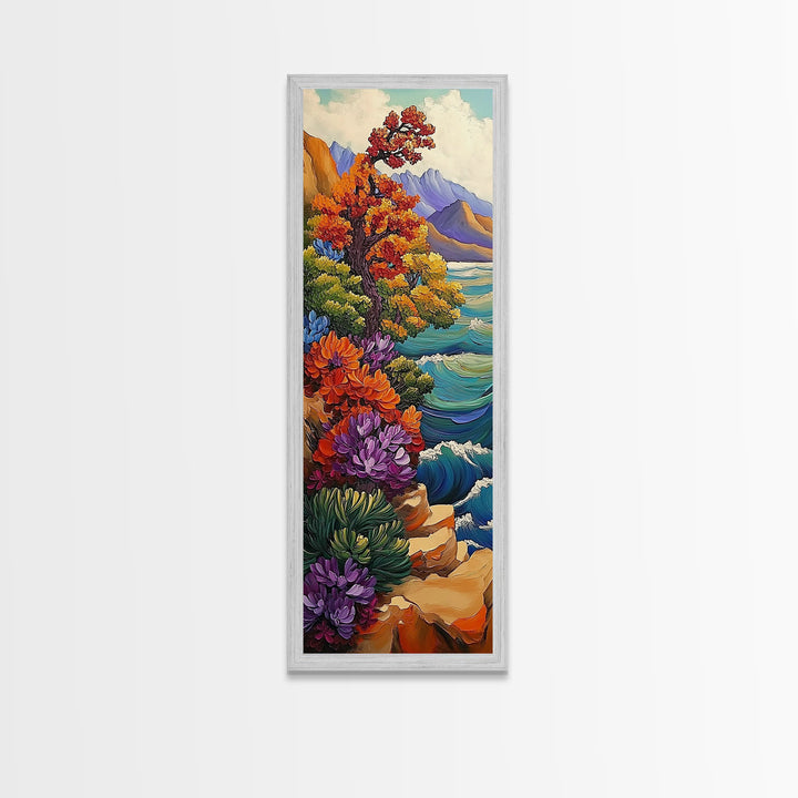 Autumn Cliff, Blossoms Ocean, Framed Canvas Print, fall coastal landscape art, mountainside floral decor, nature living room wall print