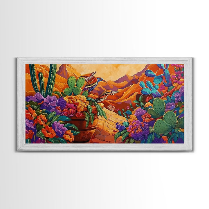 Birds Cactus, Blossoms, Bright Nature Framed Canvas Print, Desert Floral Wall Decor, Southwest Living Room Boho Wall Art