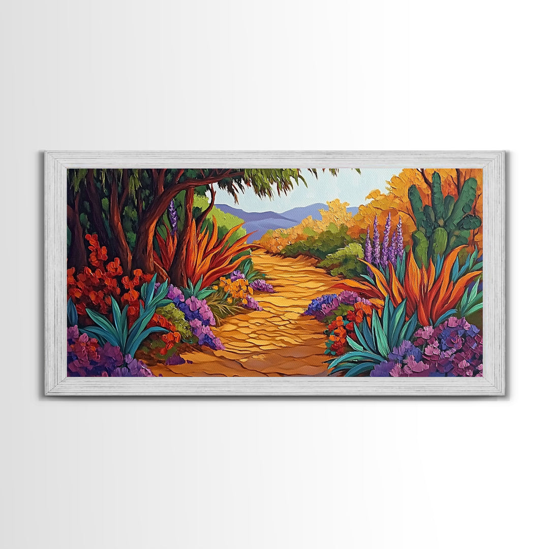 Autumn Pathway, Forest, Flowers, Framed Canvas Print fall landscape painting, nature wall art, rustic cabin decor, living room art