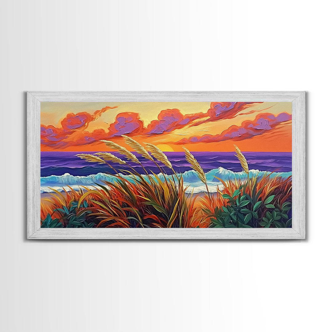 Ocean Sunset, Dunes, Seagrass, Canvas Print beach landscape wall decor, coastal art, vibrant sunset painting, tropical boho home decor