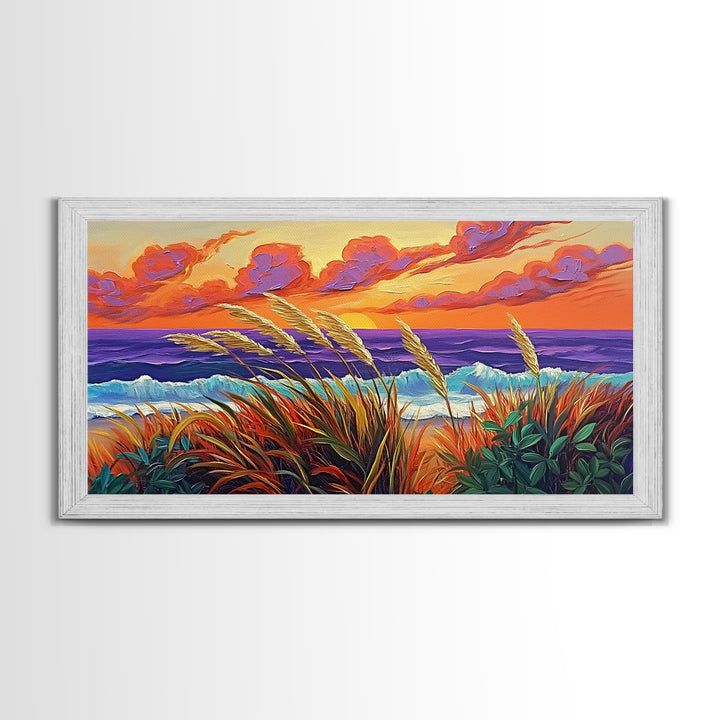 Ocean Sunset, Dunes, Seagrass, Canvas Print beach landscape wall decor, coastal art, vibrant sunset painting, tropical boho home decor