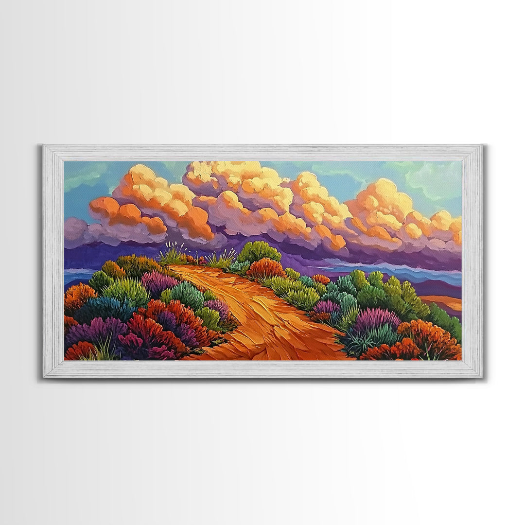 Autumn Trail, Clouds, Flowers, Canvas Print, fall mountain trail painting, landscape wall art, rustic cabin decor, hallway artwork