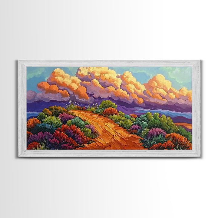 Autumn Trail, Clouds, Flowers, Canvas Print, fall mountain trail painting, landscape wall art, rustic cabin decor, hallway artwork
