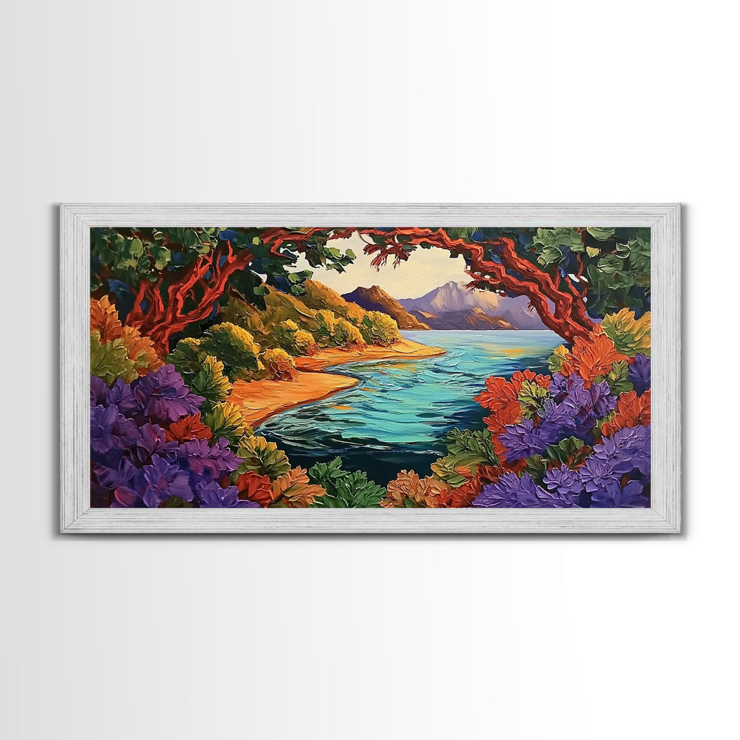 Colorful Coastal, Framed, Bright tropical coastal landscape view with water and foliage, Framed Canvas Print, living room wall art