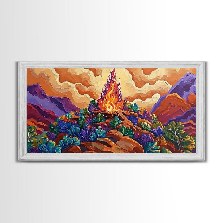 Campfire, Mountains, Glow, Vibrant campfire scene with colorful mountains and plants, Framed Canvas Print, rustic cabin wall art