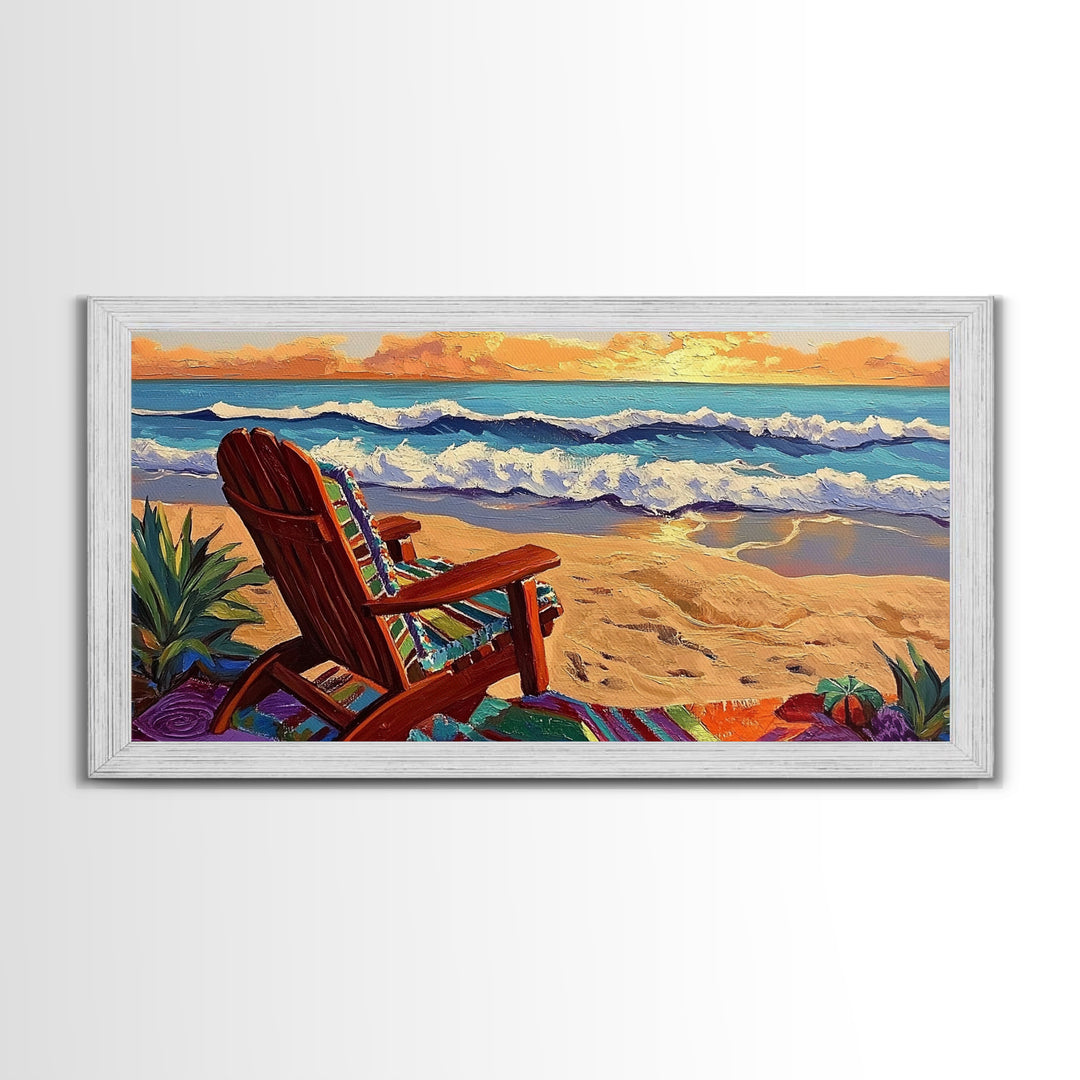Chair Ocean, Sunset, Framed Canvas Print, Tranquil Beach Chair Painting, Relaxing Seaside Wall Decor, Zen Office Artwork