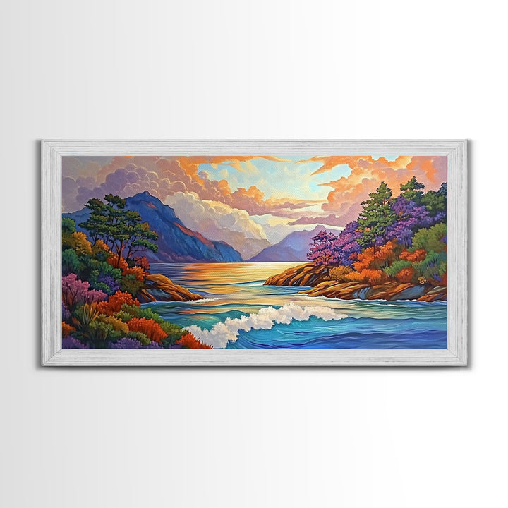 Ocean Sunset View, Vibrant Coastline, Mountain Landscape, Canvas Print, Living Room Wall Art, Colorful Seascape, Nature Painting