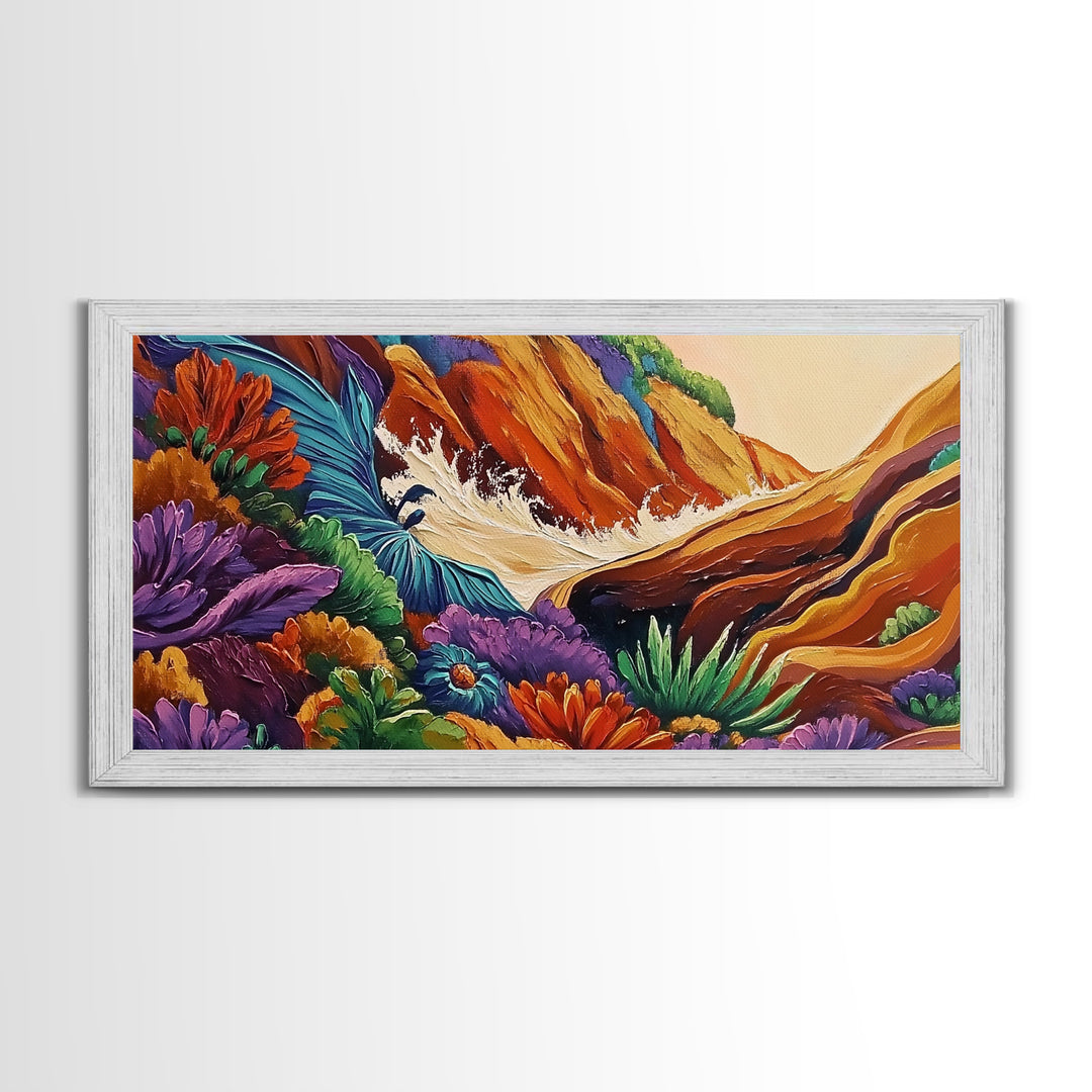 Rocky Wave Crash, Bold Ocean Splash, Coastal Nature Art, Framed Canvas Print, Vibrant Bathroom Decor, Colorful Beach Scene