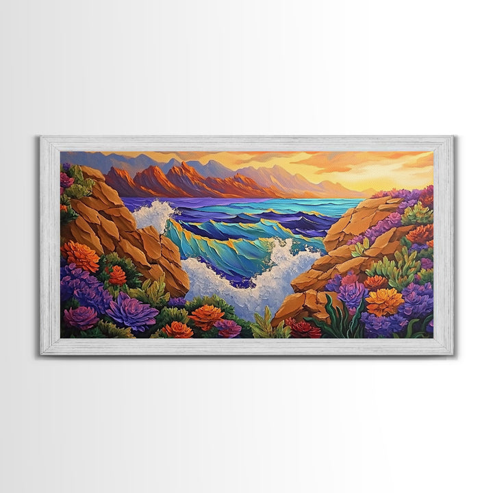 Ocean Cliff View, Crashing Waves Sunset, Bold Coastal Art, Framed Canvas Print, Nature Inspired Decor, Vibrant Seascape Painting