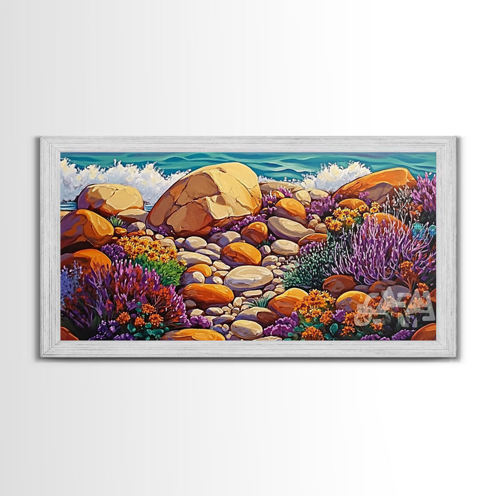 Coastal Garden, Rocks, Framed Canvas Print, Seaside nature landscape wall decor, Kitchen Wall Art, coastal art, vibrant summer vibe