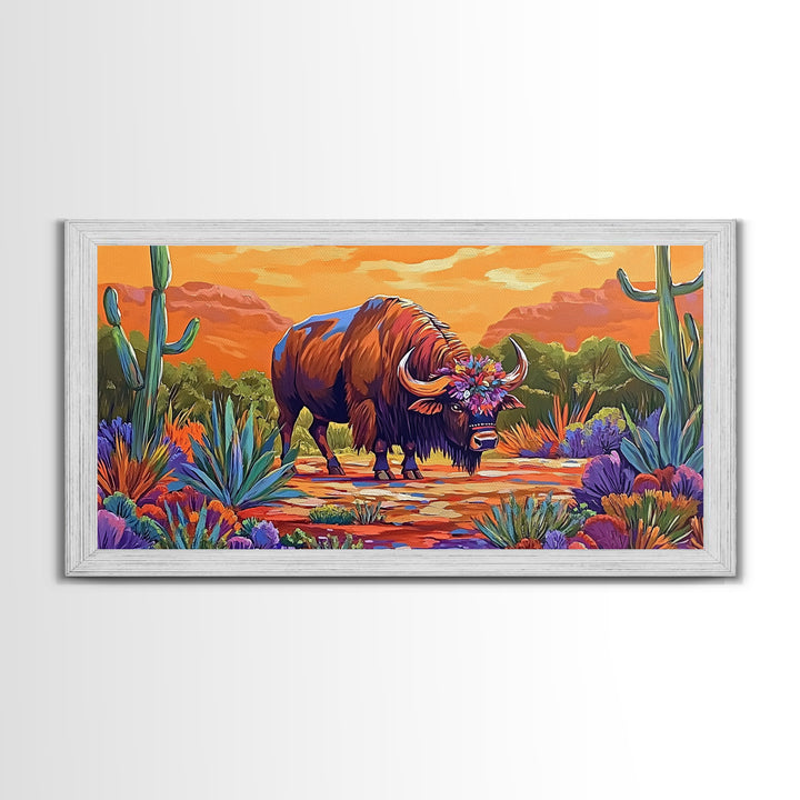 Buffalo Desert, Flowers, Canvas Print, Western buffalo art, colorful desert scene, ranch decor, Office Wall Art, Autumn Wall Art