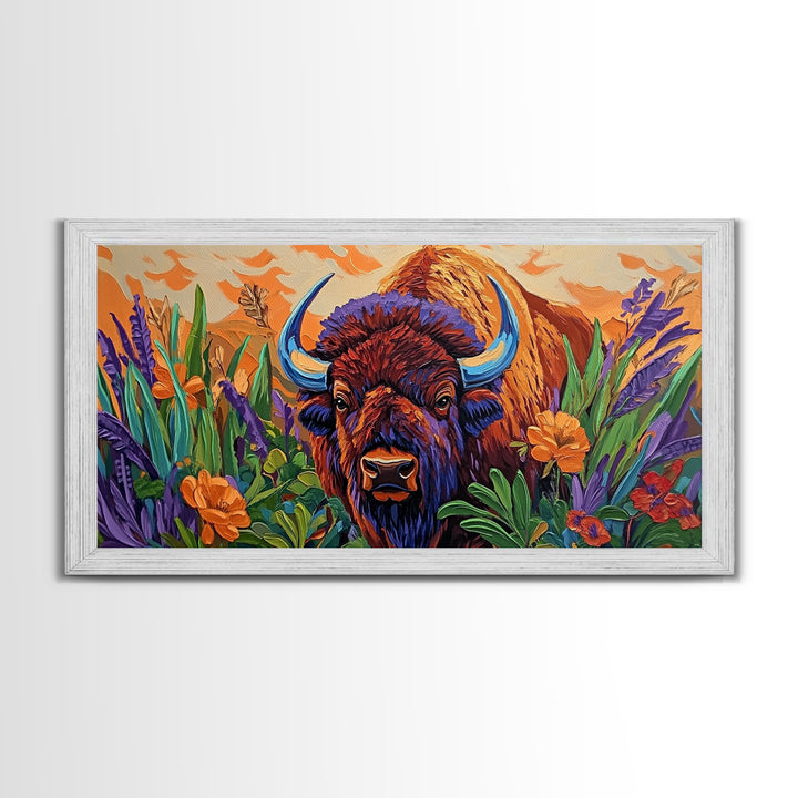 Buffalo Flowers, Bold, Canvas Print, Western bison face art, eclectic boho style, Living Room Wall Art, vibrant wildlife painting