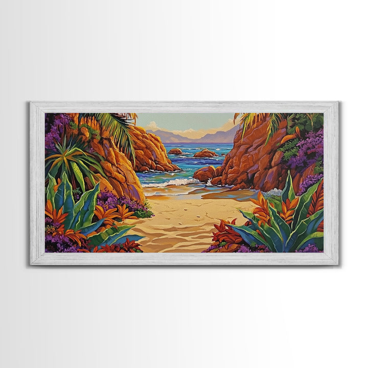 Cove Palms, Beach, Framed Canvas Print, Secluded tropical beach scene, Bedroom Wall Art, boho paradise vibes, coastal summer escape