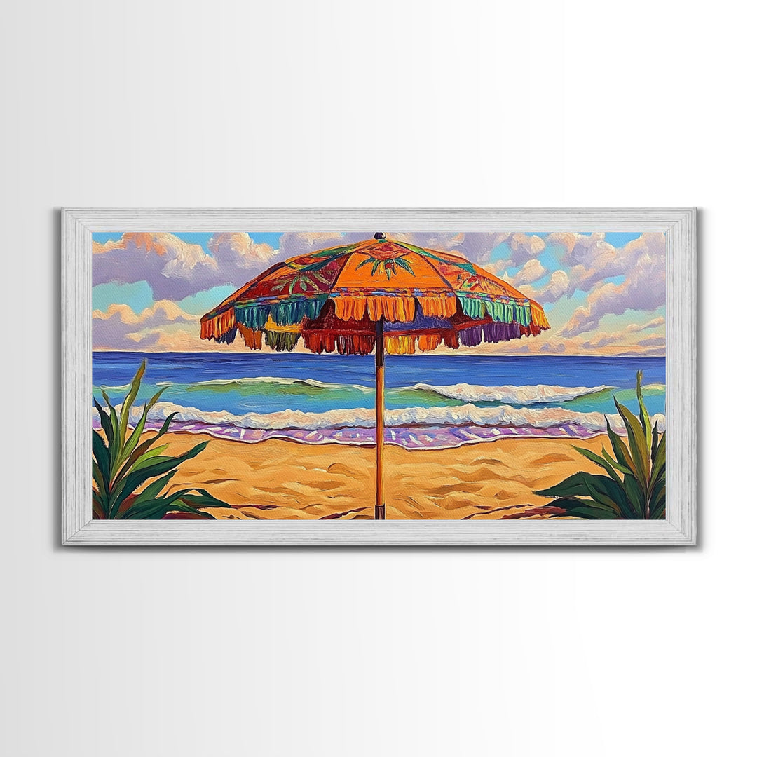 Umbrella Beach, Ocean, Framed Canvas Print, Colorful Beach Umbrella Painting, Retro Coastal Wall Decor, Summer Kitchen Art