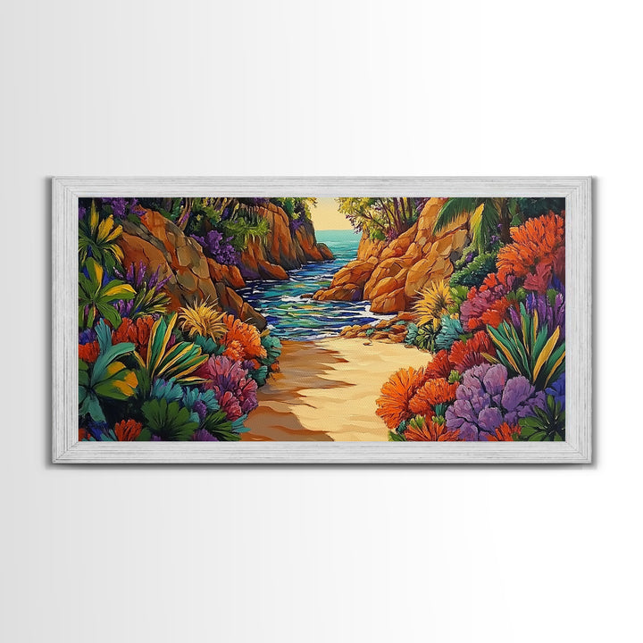 Jungle Cove, Bright, Canvas Print, Lush tropical jungle path to sea, Dining Room Wall Art, nature artwork, bohemian coastal print