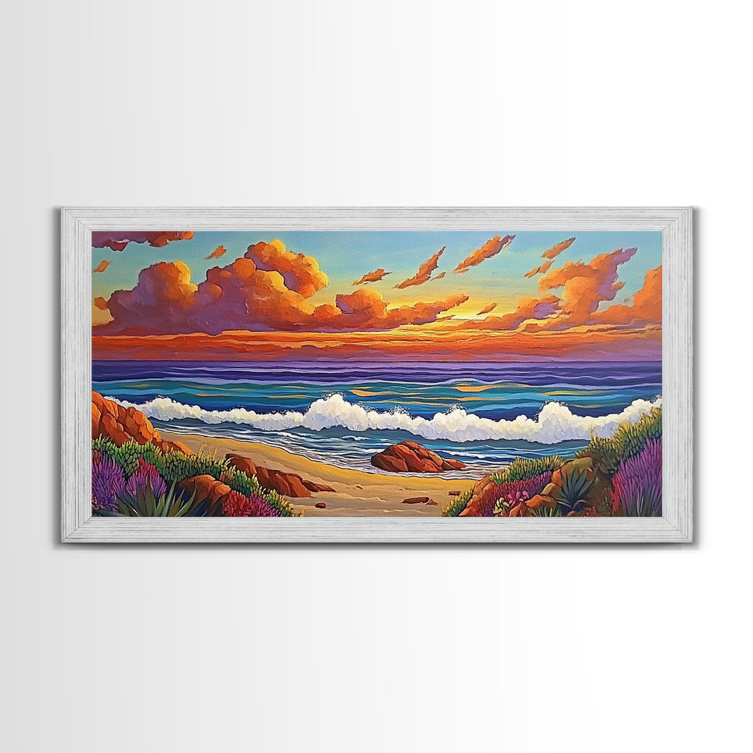 Beach Sunset, Waves, Pastel, Canvas Print, Seaside Landscape Art, Coastal Home Wall Decor, Serene Living Room Accent