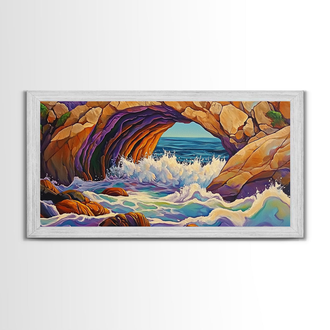 Cave Ocean, Wave, Cliff, Canvas Print, Coastal Nature Art, Bold Seaside Landscape Painting, Living Room Wall Decor, Nature Escape
