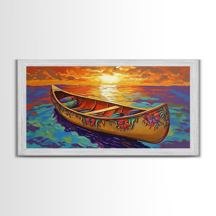 Canoe Sunset, Ocean, Solitude, Framed Canvas Print, Tranquil Beach Wall Art, Summer Decor, Nautical Painting, Living Room Accent