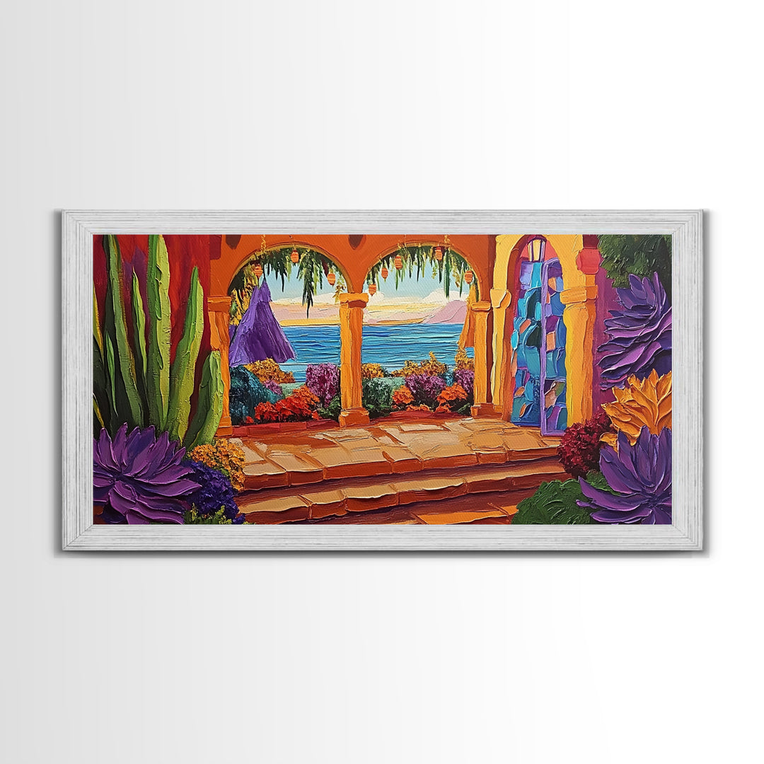 Patio Ocean, Paradise, View, Canvas Print tropical patio view art, living room coastal decor, sunset painting, Mediterranean vibes
