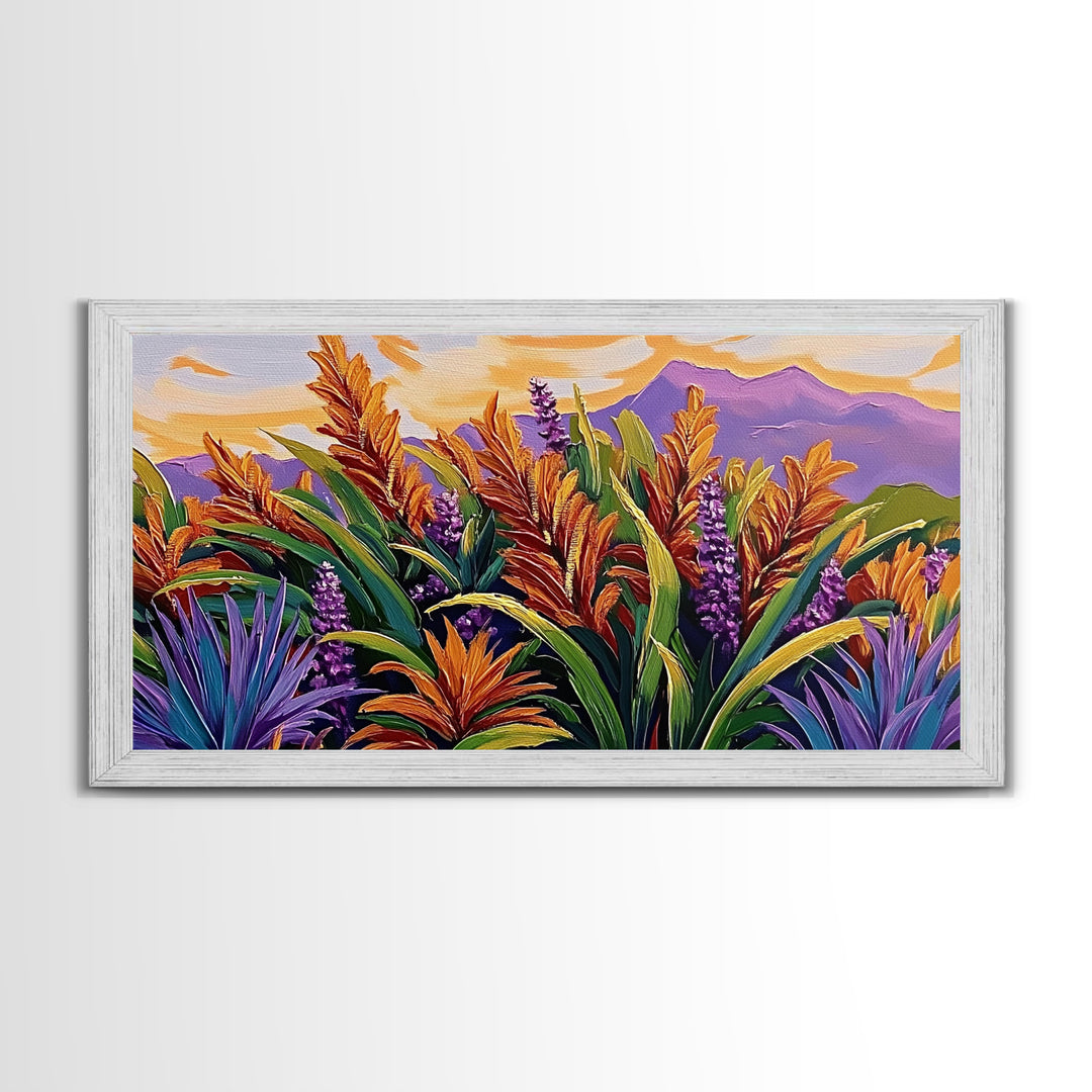 Botanical Sunset, Mountain, Framed Canvas Print, Vibrant Flower Field Painting, Nature Boho Wall Art, Sunset Hallway Decor