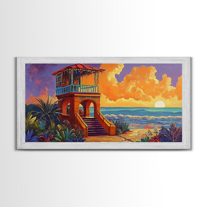 Beach Sunset, Tower, Tropical, Canvas Print, Coastal sunset art, boho beach house decor, vibrant tropical wall art, living room art