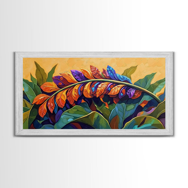 Tropical Leaves, Bright, Fall, Framed Canvas Print, botanical fall wall art, colorful boho tropical leaves painting, kitchen home decor