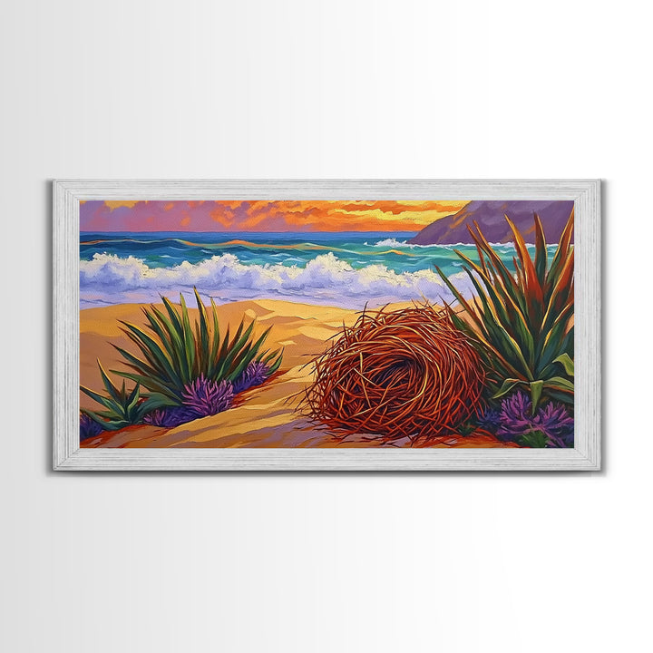 Nest Ocean, Beach, Nature, Framed Canvas Print, Desert beach art, boho coastal nature scene, calming fall tones, living room wall decor