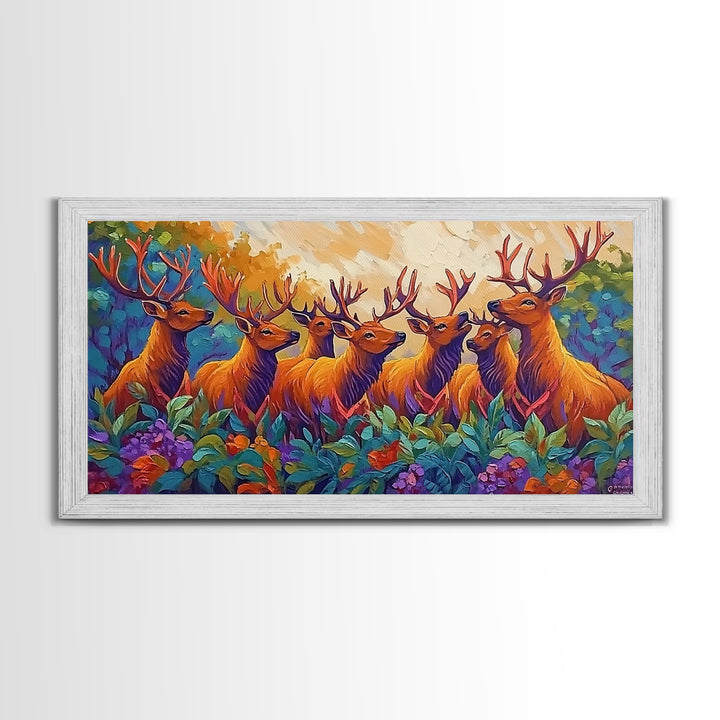 Deer Autumn, Forest, Scene, Framed Canvas Print wildlife cabin wall decor, vibrant Fall nature art, lodge living room print