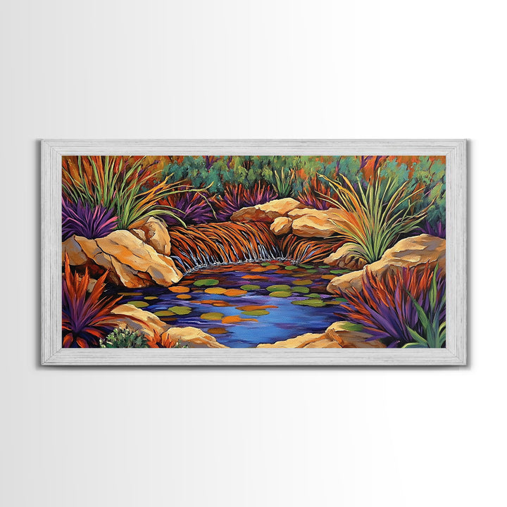 Desert Waterfall, Vibrant, Nature, Framed Canvas Print, desert oasis waterfall, Living Room Wall Art, colorful landscape painting